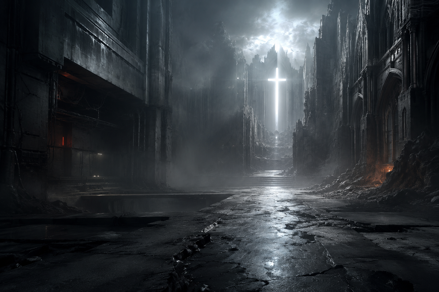 Ruined industrial cathedral opening toward a luminous cross
